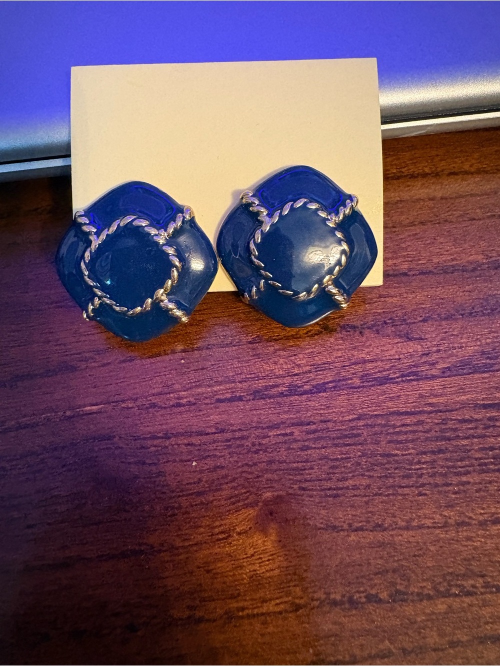 Vintage Navy Enamel Clip-On Earrings with Silver-Tone Rope Detail